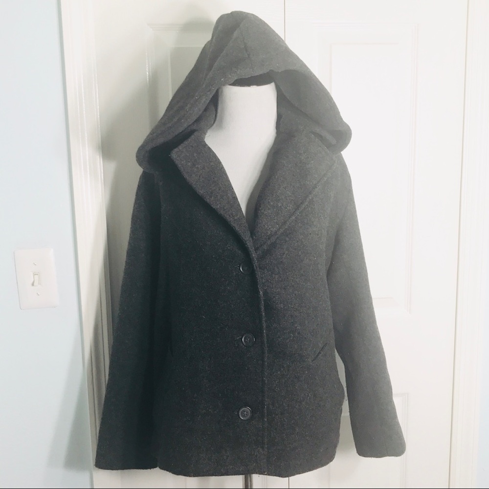 Express Hooded Dark Charcoal Grey Button Up Wool Coat Size 3/4 Small
